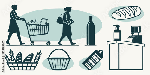 A diverse group of people shopping for groceries in a supermarket. Vector