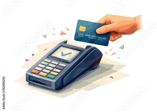 Low-poly vector illustration of the outcome after a credit card swipe, card fully past the terminal and held confidently,