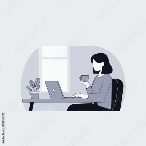 Woman Working on Laptop at Home Office with Coffee Minimal Illustration