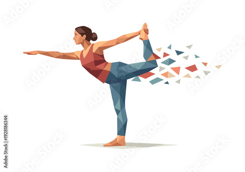 Geometric Yoga Serenity. Low-poly vector illustration of a yoga practitioner holding the balance pose with ease and composure,