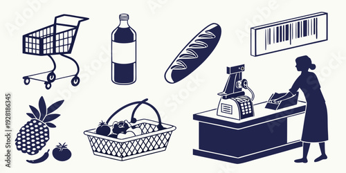 Assorted grocery items including fruits, vegetables, and household products Vector