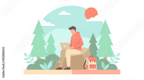 A flat vector illustration of a man working remotely on a laptop outdoors, highlighting the tranquil 'work from anywhere' concept.