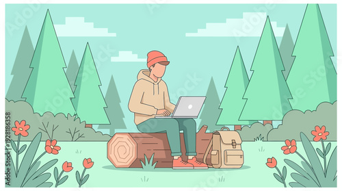 Vector illustration of a man working on a laptop in a serene forest, highlighting 'work from anywhere'.