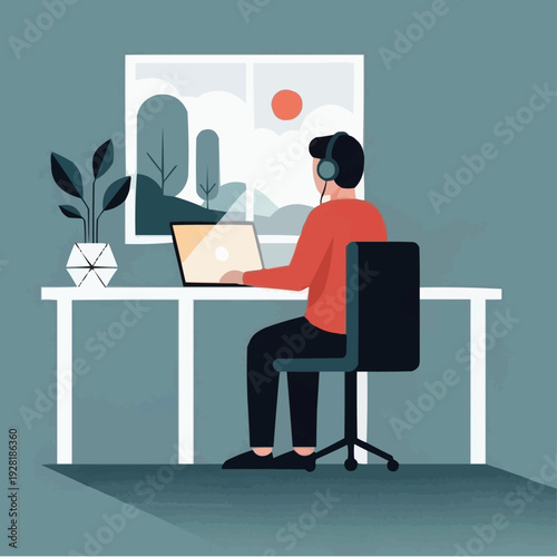 Modern Remote Work Home Office Illustration with Laptop and Headphones