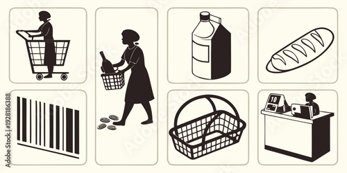 A visual representation of various activities and objects related to shopping and household chores Vector