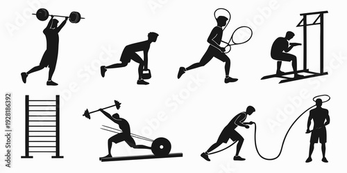 A collection of various exercises and fitness activities depicted in black and white silhouettes. Vector