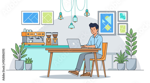 Vector illustration of a man working remotely on a laptop in a bright cafe, embodying the 'work from anywhere' idea.