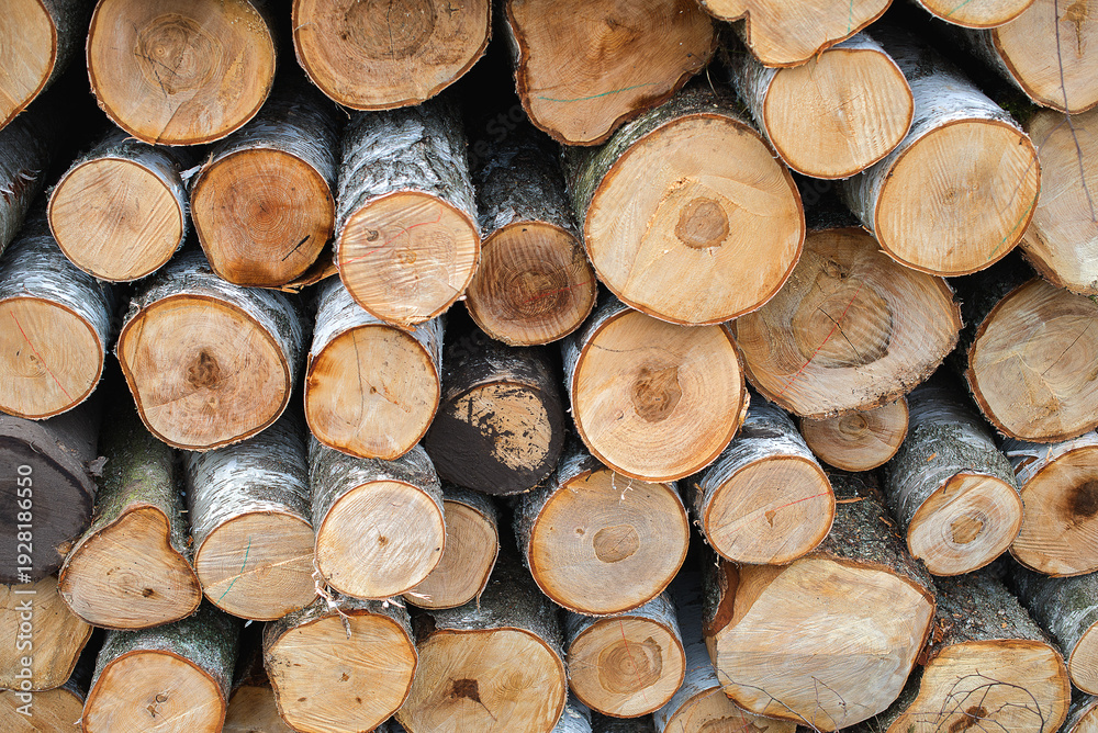 Fototapeta premium Close Detailed View Of Timber Logs Showing Organic Wood Structure And Rings