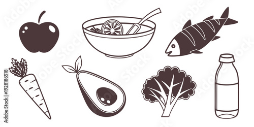 Assorted fruits and vegetables arranged in a circular pattern on a white background. Vector