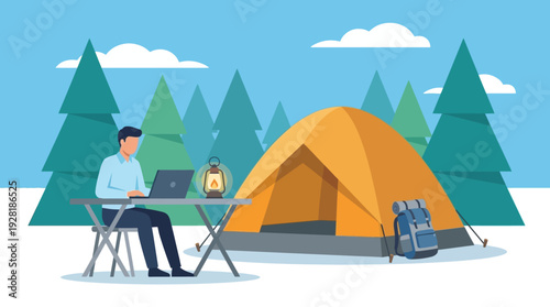 Work from anywhere: vector illustration of man working on laptop at forest campsite.