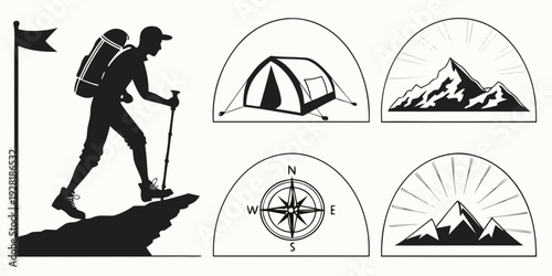 Illustration of a hiker and various camping and navigation symbols Vector