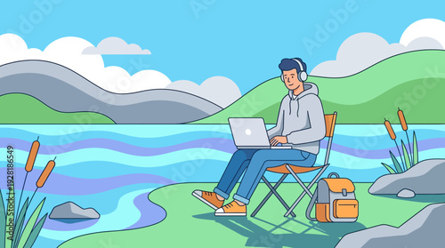 Vibrant vector illustration of a man working remotely on a laptop by a serene lake, embodying the 'work from anywhere' concept with a blue and green palette.