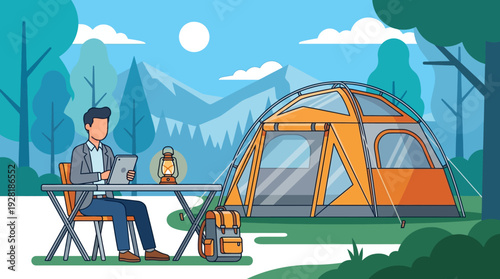 Vector illustration of a man working remotely on a laptop at a campsite, embracing 'work from anywhere'.