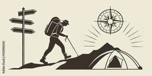 A hiker with a backpack stands on a peak, overlooking a map and a compass. Vector