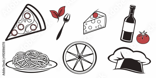 Assorted food items including pizza, spaghetti, pie, and wine Vector