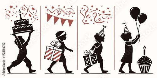 A festive scene with people carrying a cake, gifts, and balloons Vector
