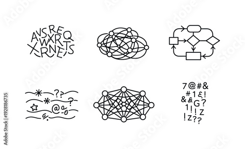 Line style vector icons of AI text hallucination: jumbled-word motif, neural-node tangle, looping-algorithm outline,