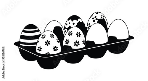 A black and white depiction of decorated easter eggs arranged in a tray presented as a silhouette high quality professional detailed
