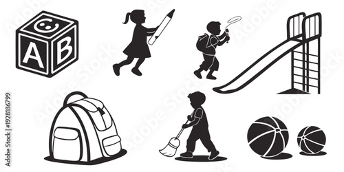 Children playing with various toys and equipment in a park setting Vector
