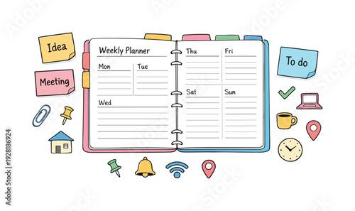 Open weekly planner spread, tabbed notebook pages, paper clips and sticky notes, small reminder icons for Remote work