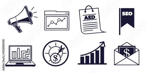 Diverse icons representing various aspects of business and communication Vector