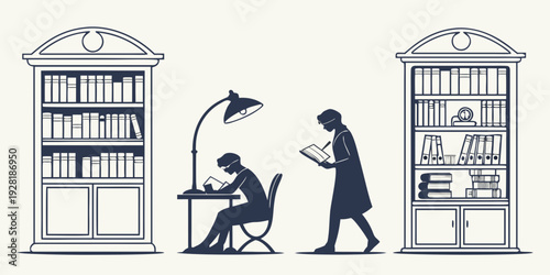 Two people working in their respective home offices with bookshelves and a lamp. Vector
