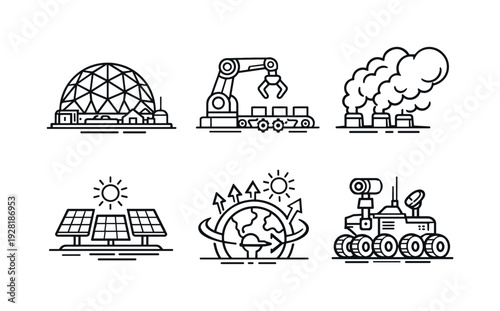 Line style vector icons of automated terraforming systems: industrial-dome icon, assembly-line robot motif, gas-emission plume,
