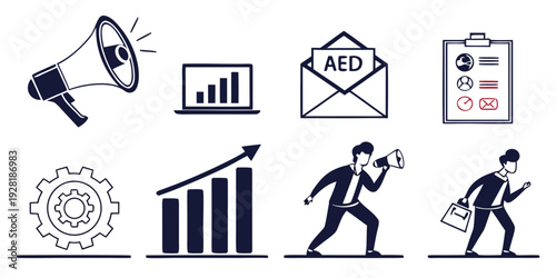 Icons representing various aspects of business and communication strategies. Vector