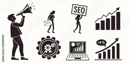 Illustration of various business and marketing concepts and activities Vector