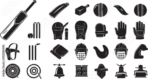 Cricket Equipment and Match Tactics Icon Set - Professional Silhouette Symbols for Sports Apps, Training, and Coaching
