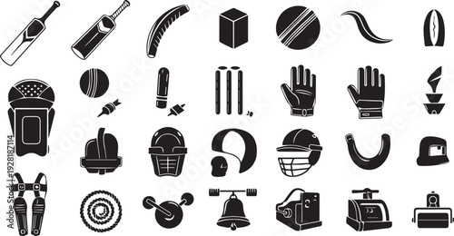 Cricket Sport Equipment and Training Gear Icon Set - Professional Silhouette Symbols for Match Dynamics, Athletics, and Coaching