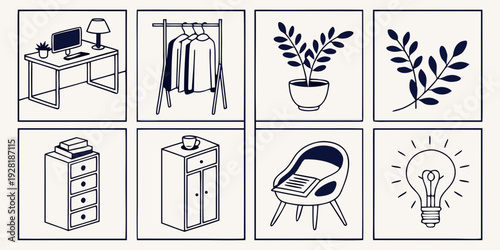Various houseplants and their care requirements depicted in simple illustrations Vector