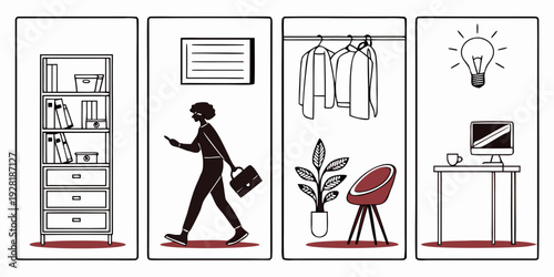 A man carrying a large bag walks through a house with various objects and furniture. Vector