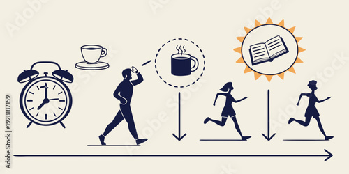 A person running towards a trophy with various icons representing time and communication. Vector