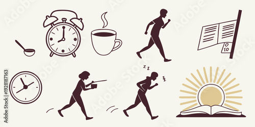 Illustrations of various activities and objects related to time management and productivity Vector