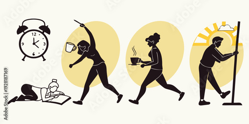 A series of illustrations depicting a man's morning routine from waking up to leaving the house Vector