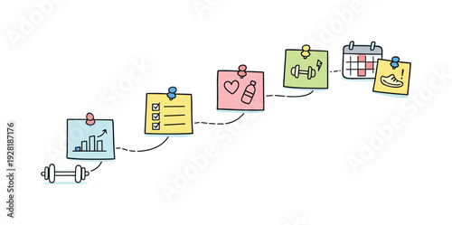 Milestone roadmap path, notebook strips as checkpoints, mini chart and calendar icons, pinned sticky notes for Fitness training