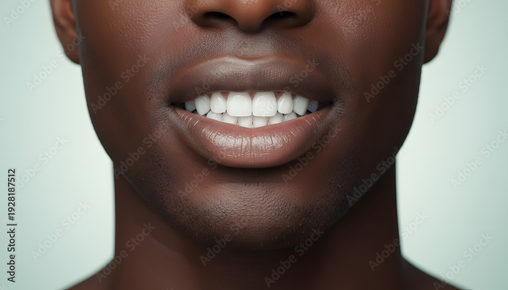Naklejka premium Close up of healthy white teeth and perfect smile of young african american man for dental care