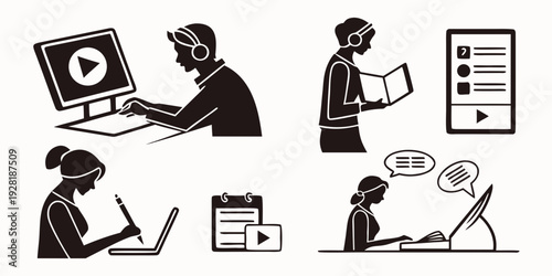 Students engaged in various learning activities using computers and books Vector