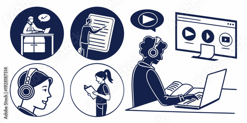 A person working on a laptop with various icons representing different activities. Vector