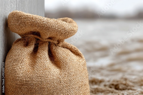 A close-up of a burlap sack filled with grain, standing against flood waters, evoking themes of disaster relief and storage amidst challenging circumstances.
