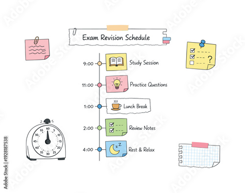 Daily schedule timeline with time blocks, timer and notebook page scraps, sticky notes and progress dots for Exam revision