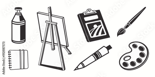 Art supplies including watercolor paints, brushes, and a sketchbook. Vector
