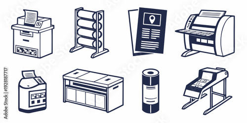 Assorted office supplies and equipment in monochrome illustration Vector