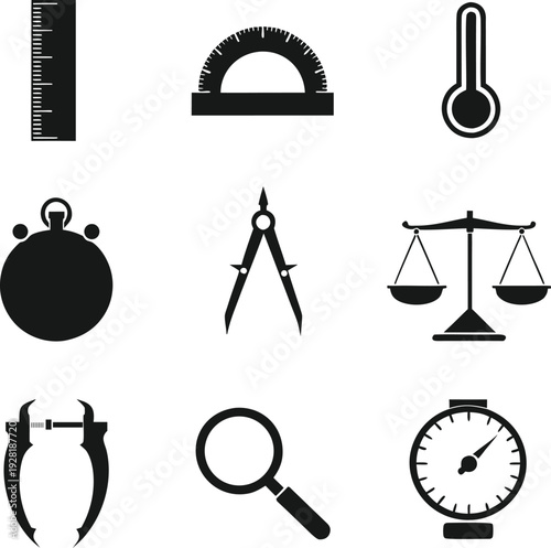 Black and white of various scientific and measuring tools including a ruler, protractor, thermometer