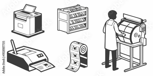 A person is using a printer to print documents in an office setting. Vector