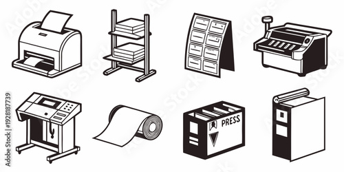 Various office equipment and supplies illustrated in black and white. Vector