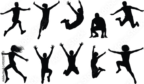 Silhouettes of people jumping and celebrating with arms raised in various dynamic poses against a white background