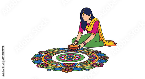 A woman creates a colorful rangoli design on the floor kneeling with focused concentration silhouette high quality professional detailed modern elegant