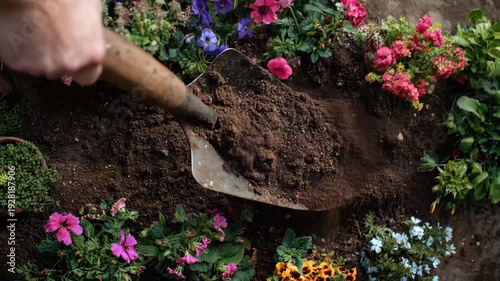 Gardening tips for planting flowers in soil with tools and hands near colorful blooms in the garden during springtime